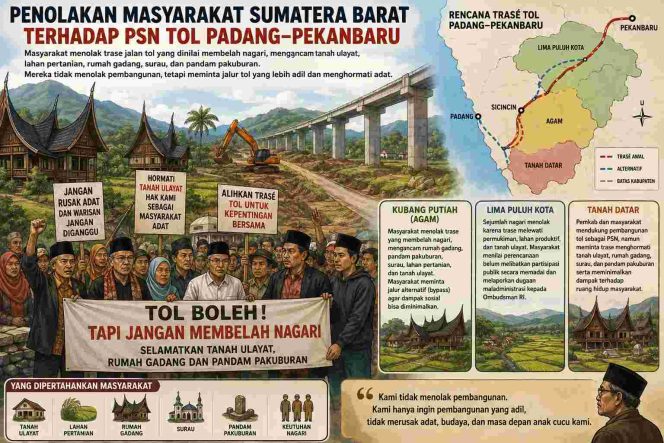 
					Penolakan Masyarakat Sumatera Barat terhadap Proyek Strategis Nasional (PSN) Jalan Tol Padang–Pekanbaru: Dinamika Sosial, Adat, dan Tantangan Pembangunan
